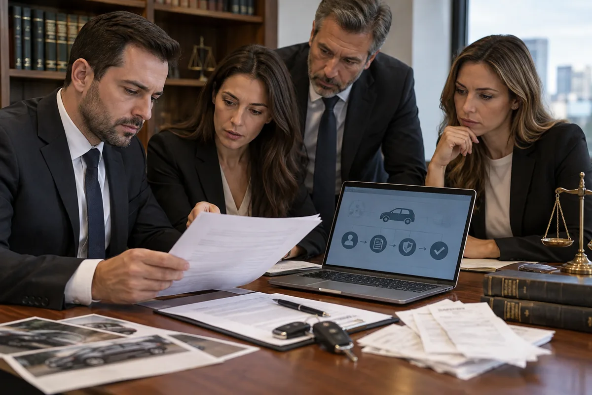 Equipe jurídica revisa contrato, chaves e origem de veículo usado