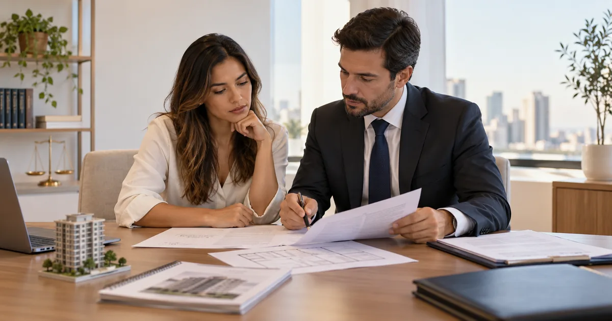 Compradora e advogado analisam contrato e documentos de imóvel