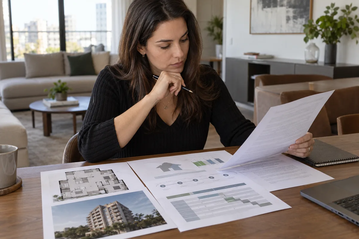 Compradora confere contrato cronograma e planta de imóvel