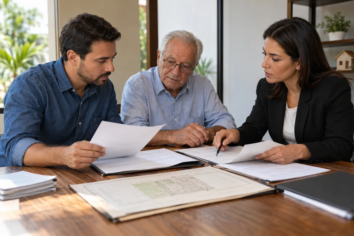 Comprador, vendedor e profissional conferem documentos da compra imobiliária