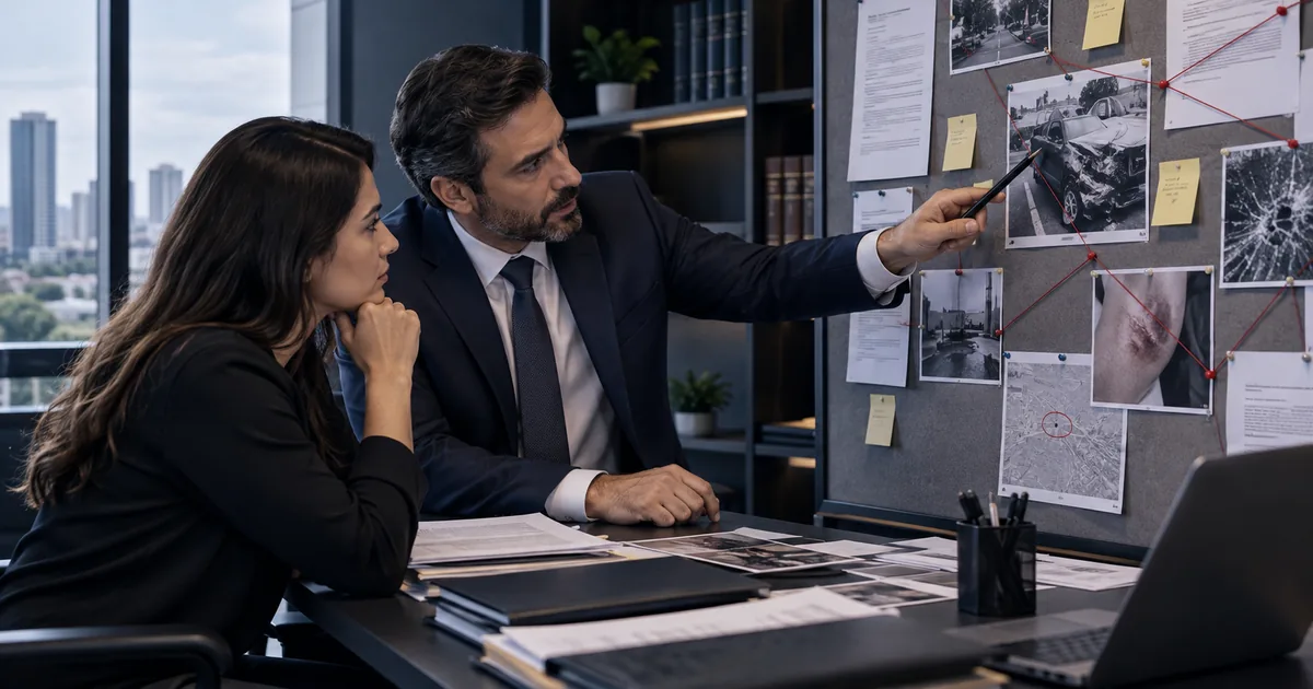 Advogado e cliente analisam um mapa de evidências para comprovar danos