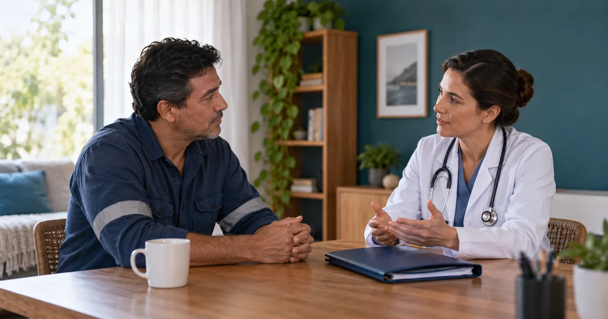 Trabalhador conversa com médica sobre incapacidade laboral