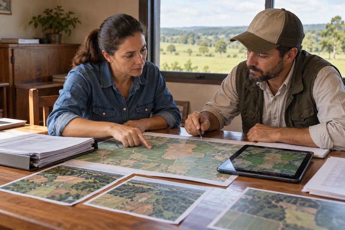 Proprietária e técnico comparam mapas e documentos de imóvel rural