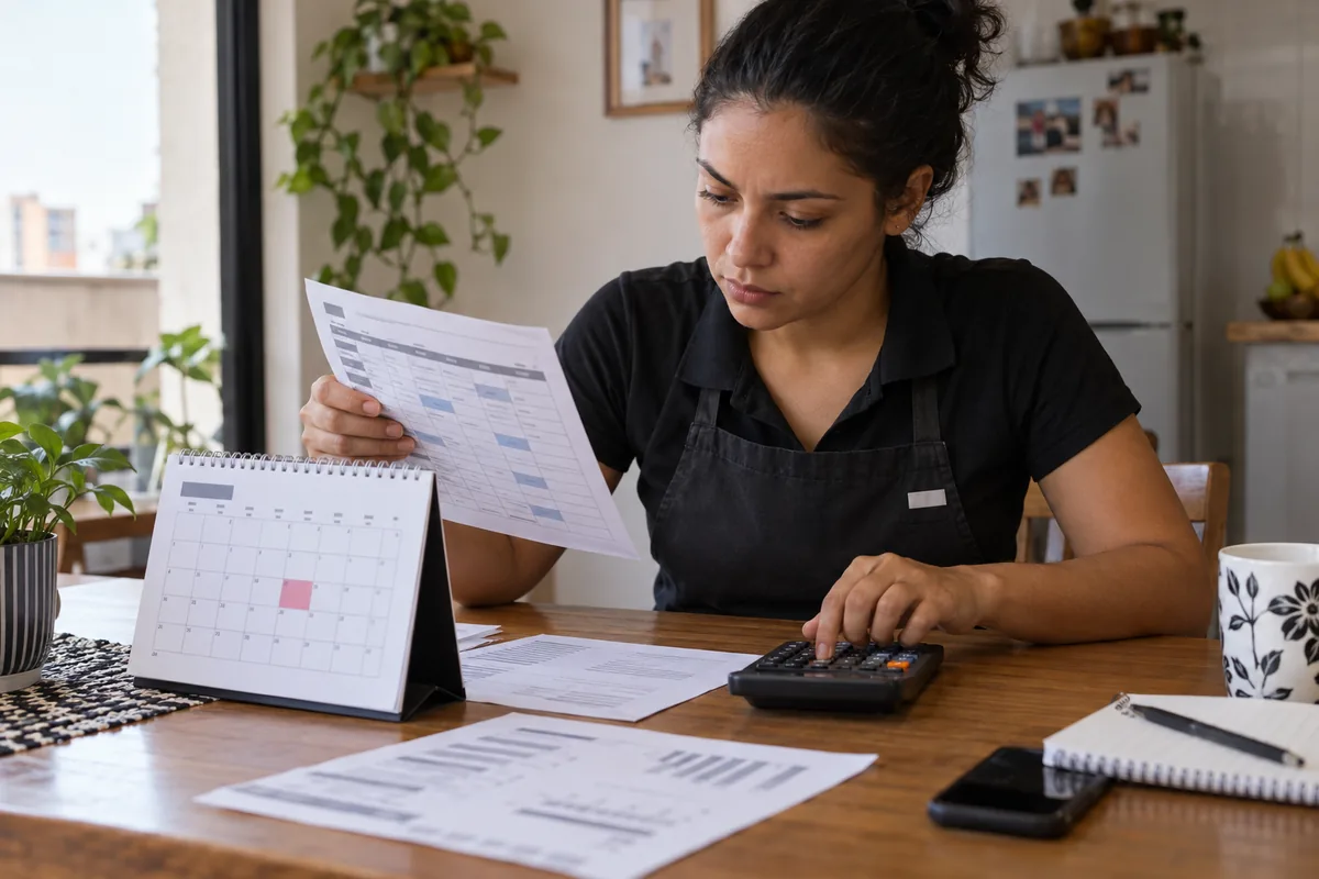 Trabalhadora confere calendário, escala e cálculo do trabalho realizado em feriado