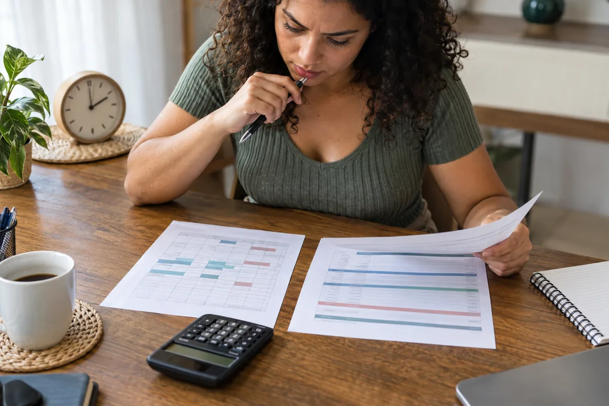 Trabalhadora confere ponto e holerite para identificar horas extras não pagas