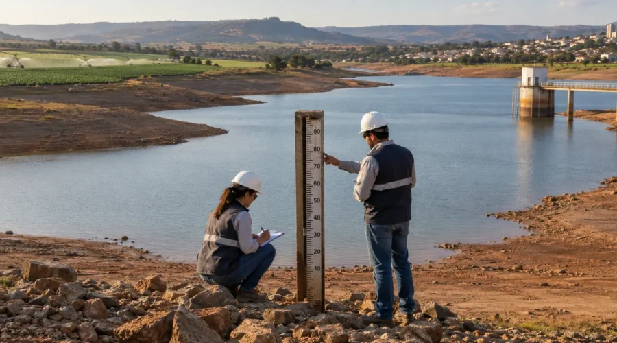 Técnicos medem nível de reservatório compartilhado por cidade e agricultura