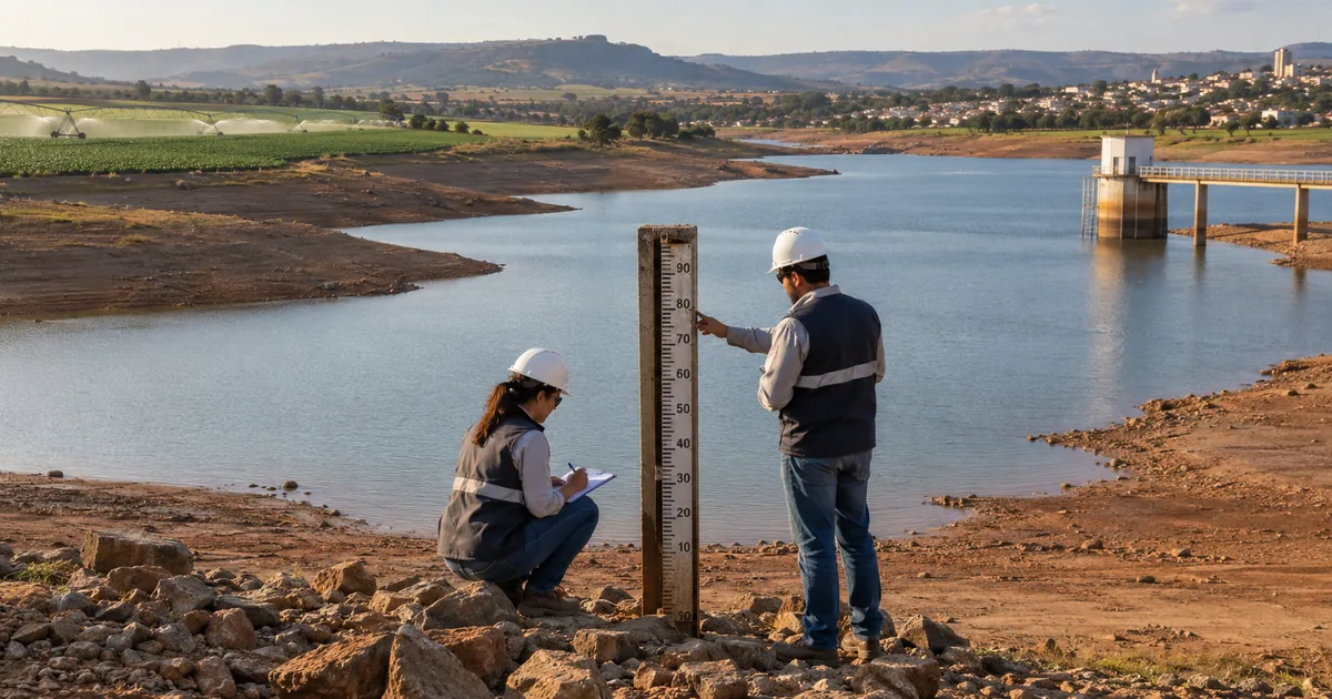 Técnicos medem nível de reservatório compartilhado por cidade e agricultura