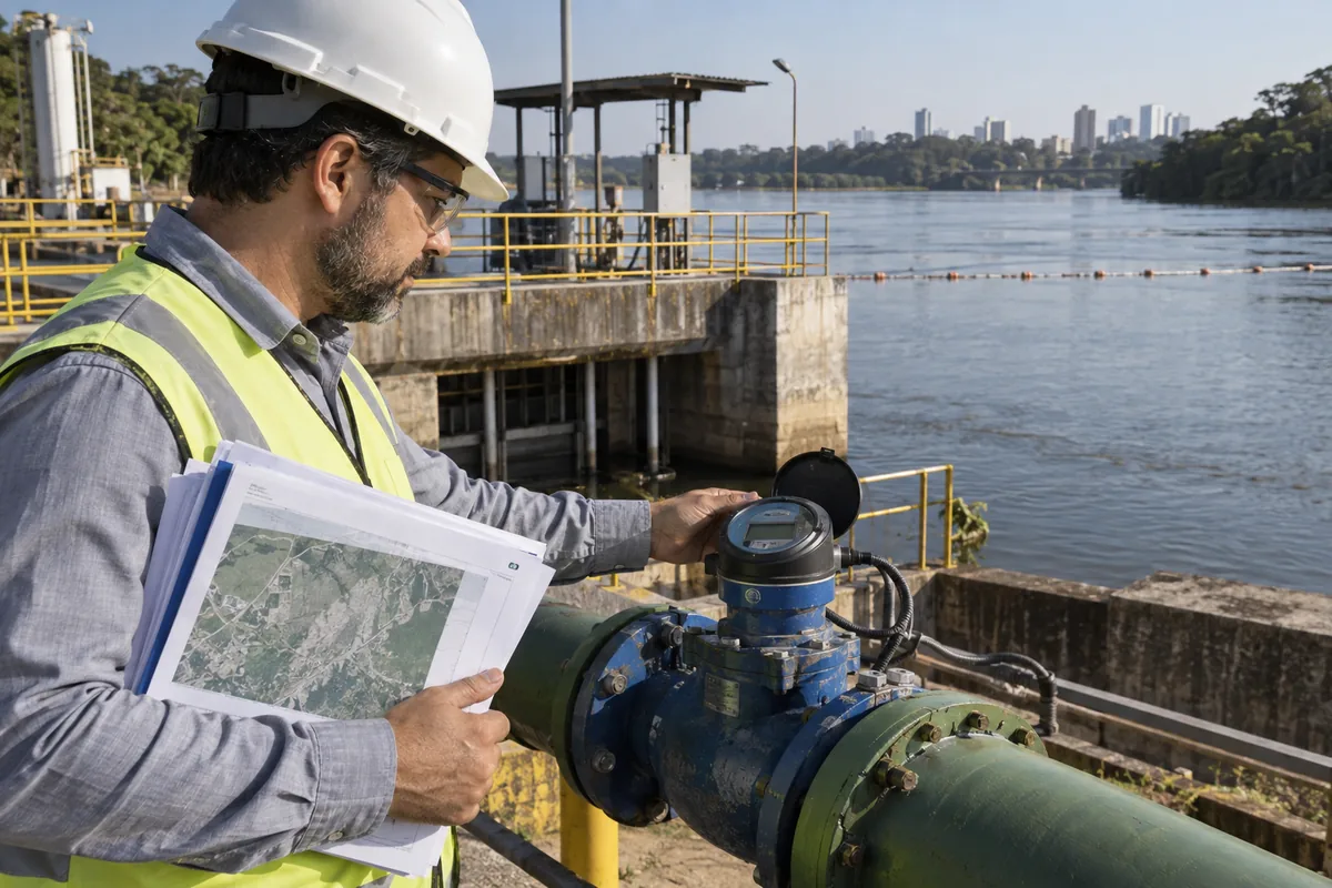 Engenheiro confere documentos e medidor em captação de água