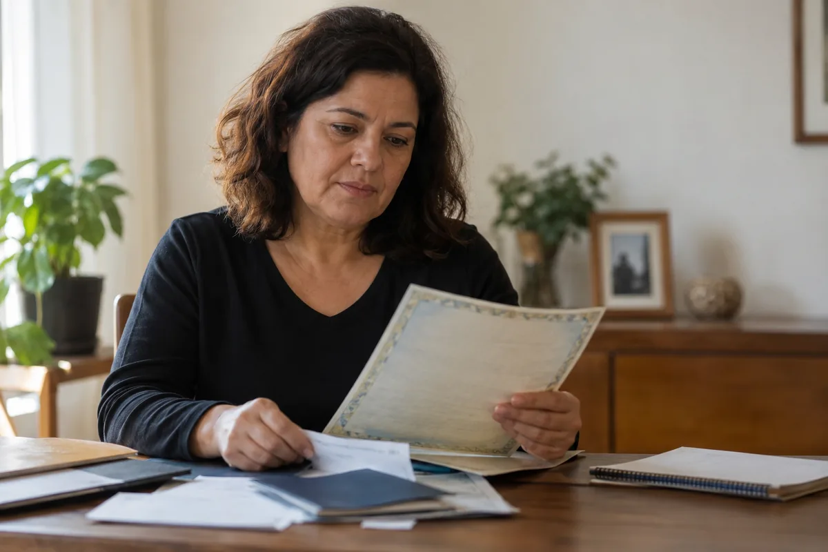 Viúva confere certidão e documentos previdenciários