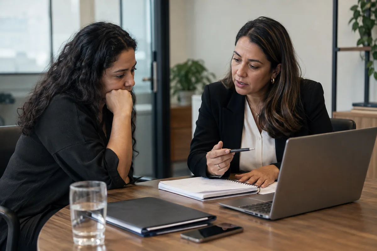 Trabalhadora conversa com advogada sobre assédio moral no trabalho