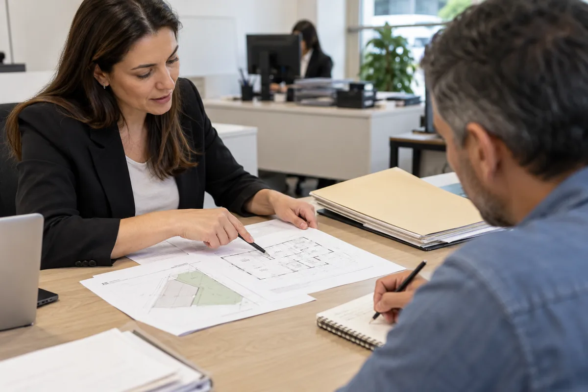 Profissional orienta cliente sobre o caminho documental da regularização imobiliária