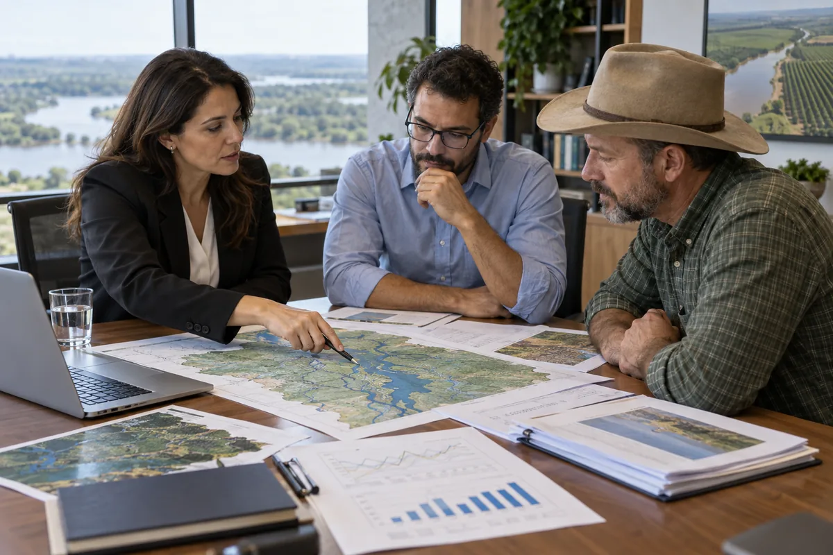 Advogada, engenheiro e produtor analisam mapa e dados de uso da água