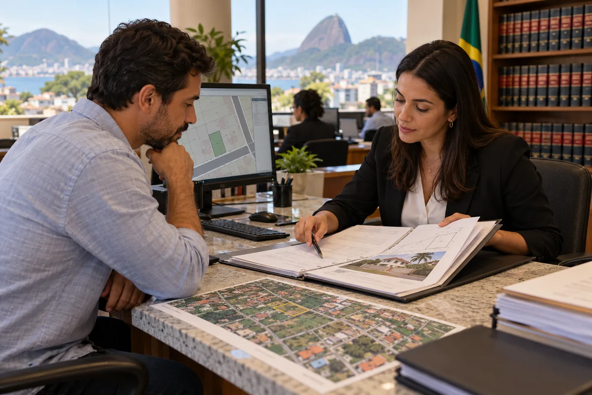 Comprador confere documentos e mapa cadastral no cartório