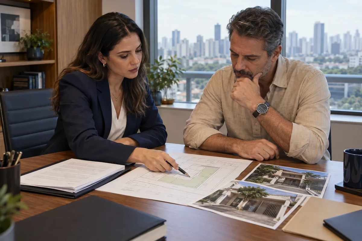 Advogada e proprietário analisam planta e documentos de imóvel em São Paulo