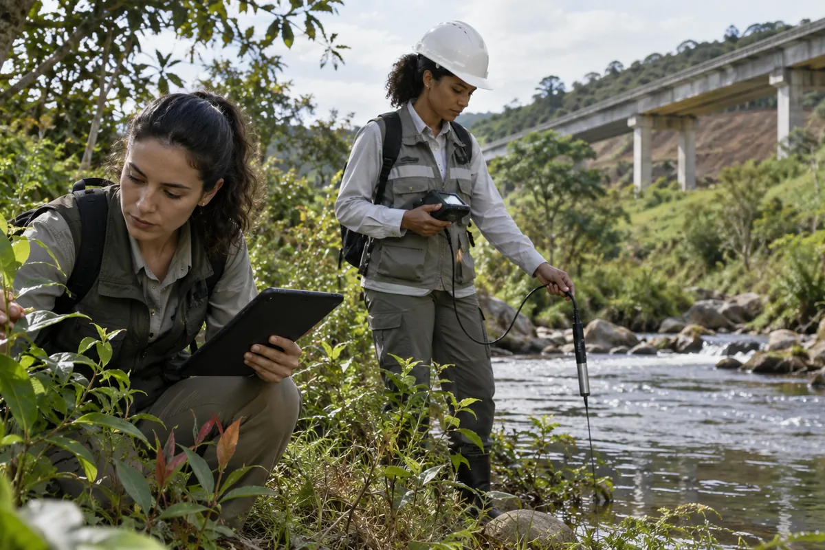Biólogas verificam vegetação e curso d'água junto a corredor de infraestrutura