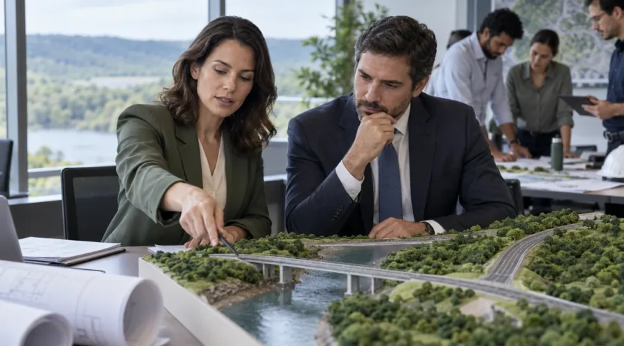 Engenheira e advogado avaliam maquete de infraestrutura e área verde