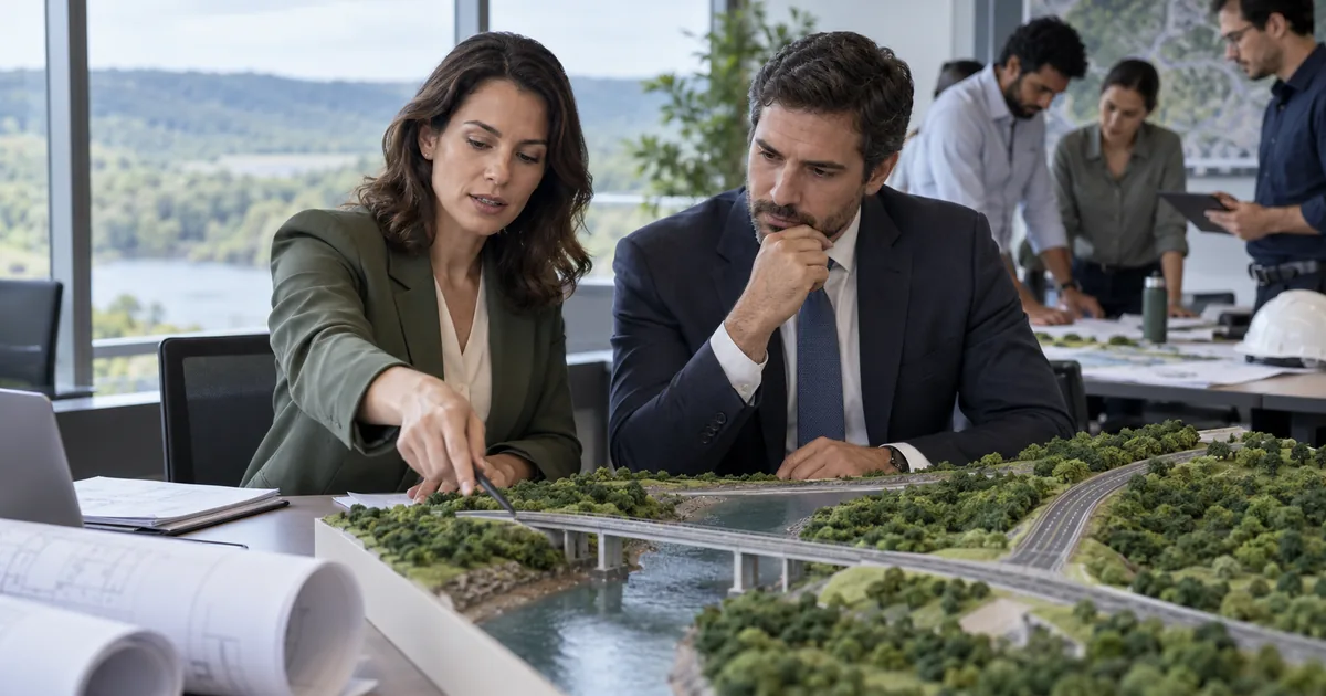 Engenheira e advogado avaliam maquete de infraestrutura e área verde
