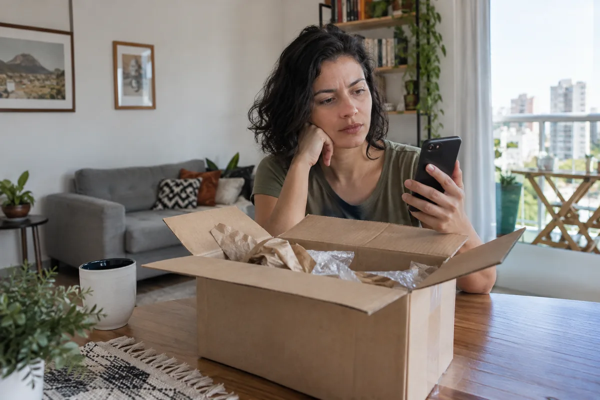 Consumidora verifica no celular uma compra online não entregue