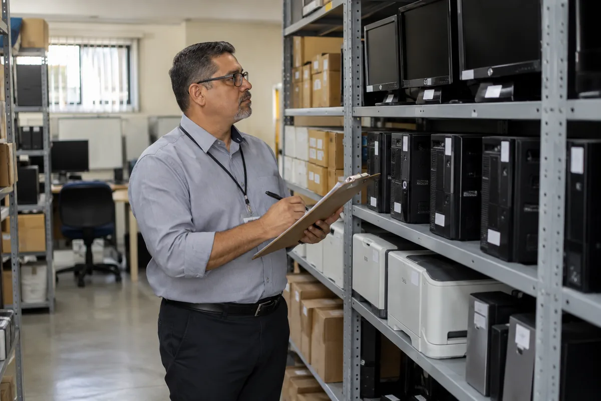 Servidor conferindo equipamentos em inventário administrativo