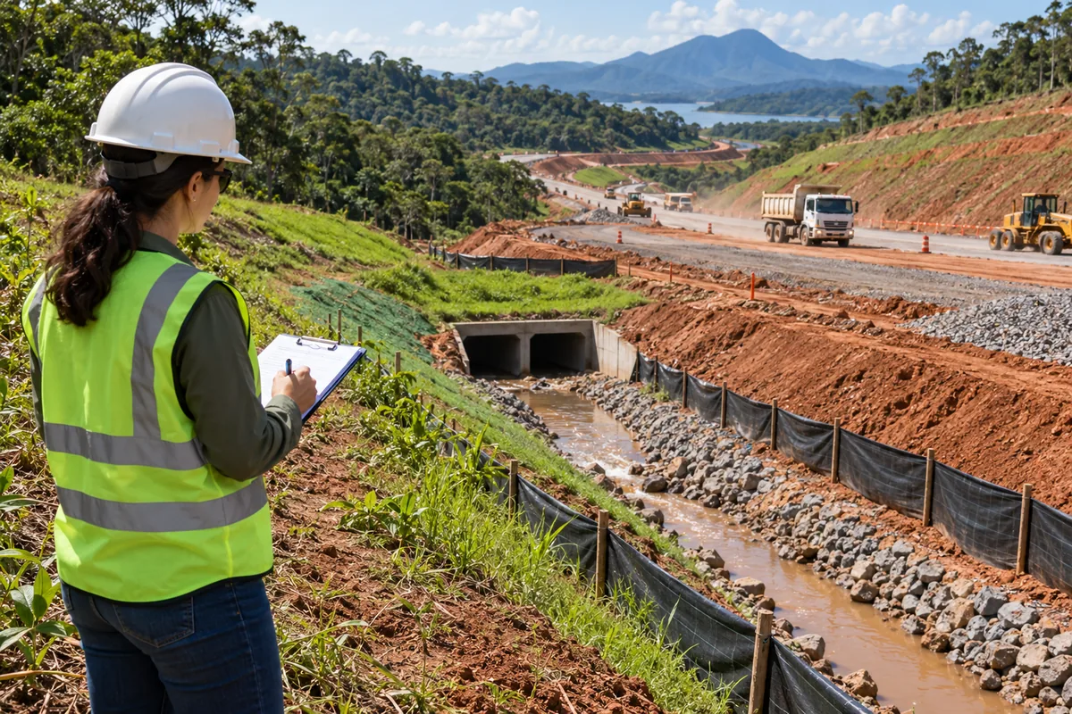 Supervisora ambiental inspeciona drenagem e barreiras de sedimentos em obra rodoviária