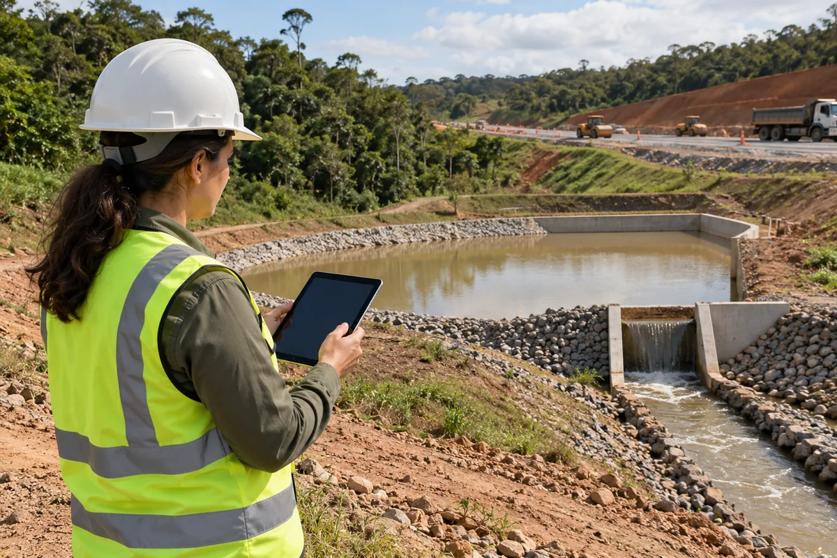 Técnica verifica bacia de sedimentos em canteiro de infraestrutura