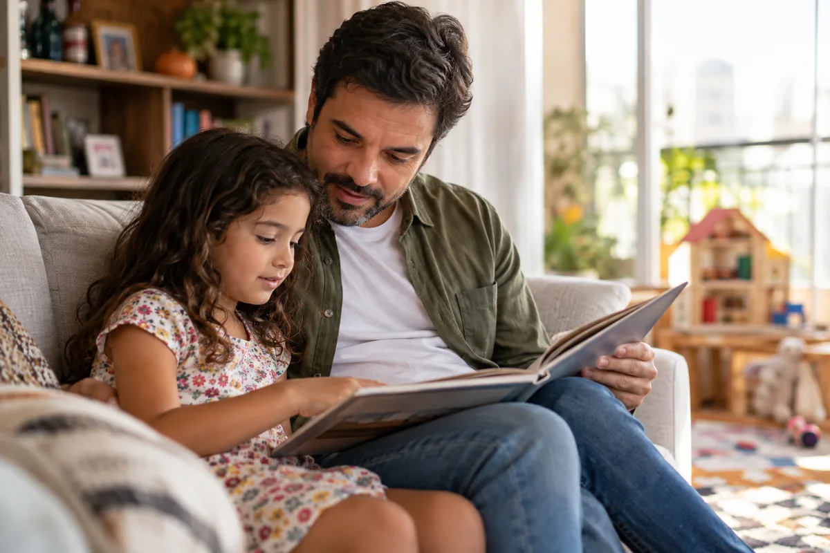 Pai e filha compartilhando momento de leitura em casa