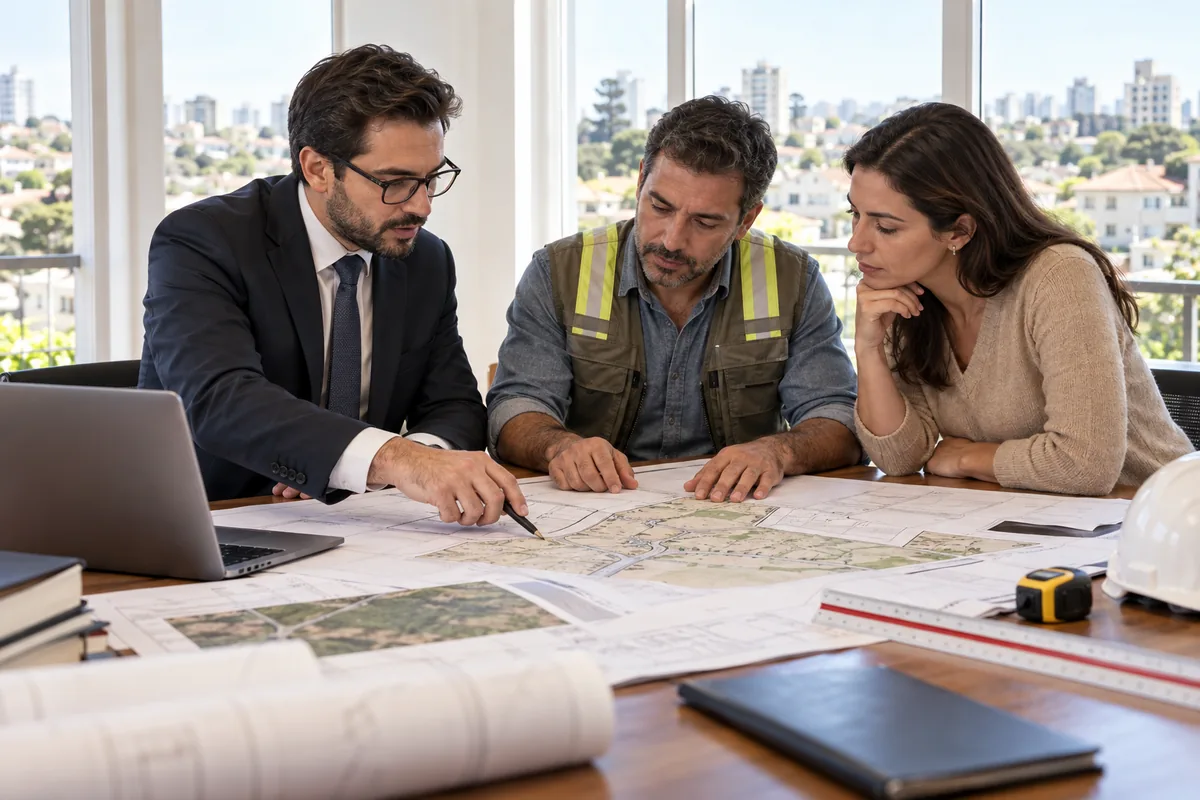 Advogado, profissional técnico e proprietária analisam planta do imóvel