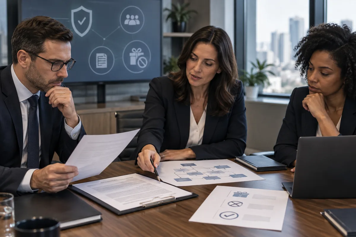 Equipe de compliance analisa riscos e controles em reunião corporativa