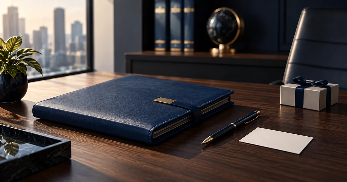 Pasta de compliance e presente neutro sobre mesa executiva