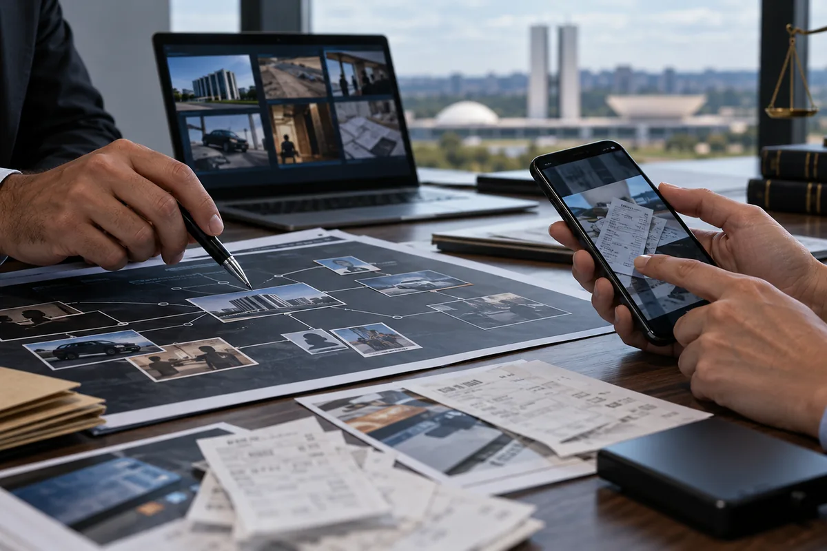 Profissionais analisando celular e documentos financeiros em investigação criminal