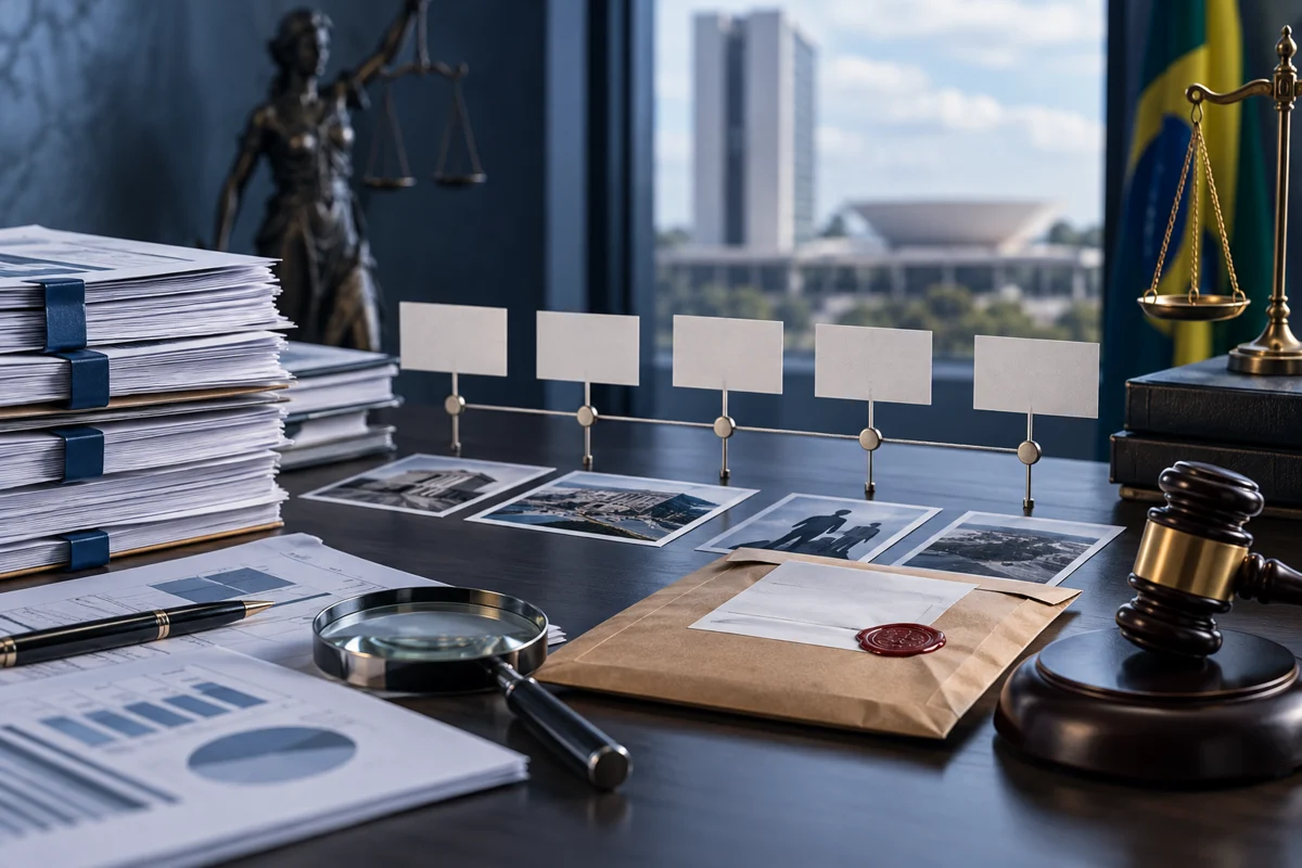 Documentos e linha do tempo representam análise de provas em processo penal