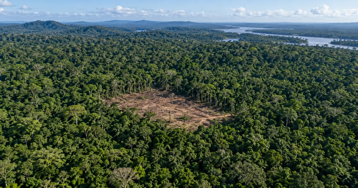 Vista aérea de clareira de desmatamento cercada por floresta