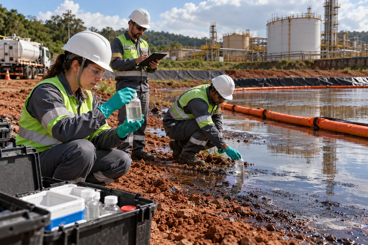 Técnicos coletam amostras e registram evidências em área industrial