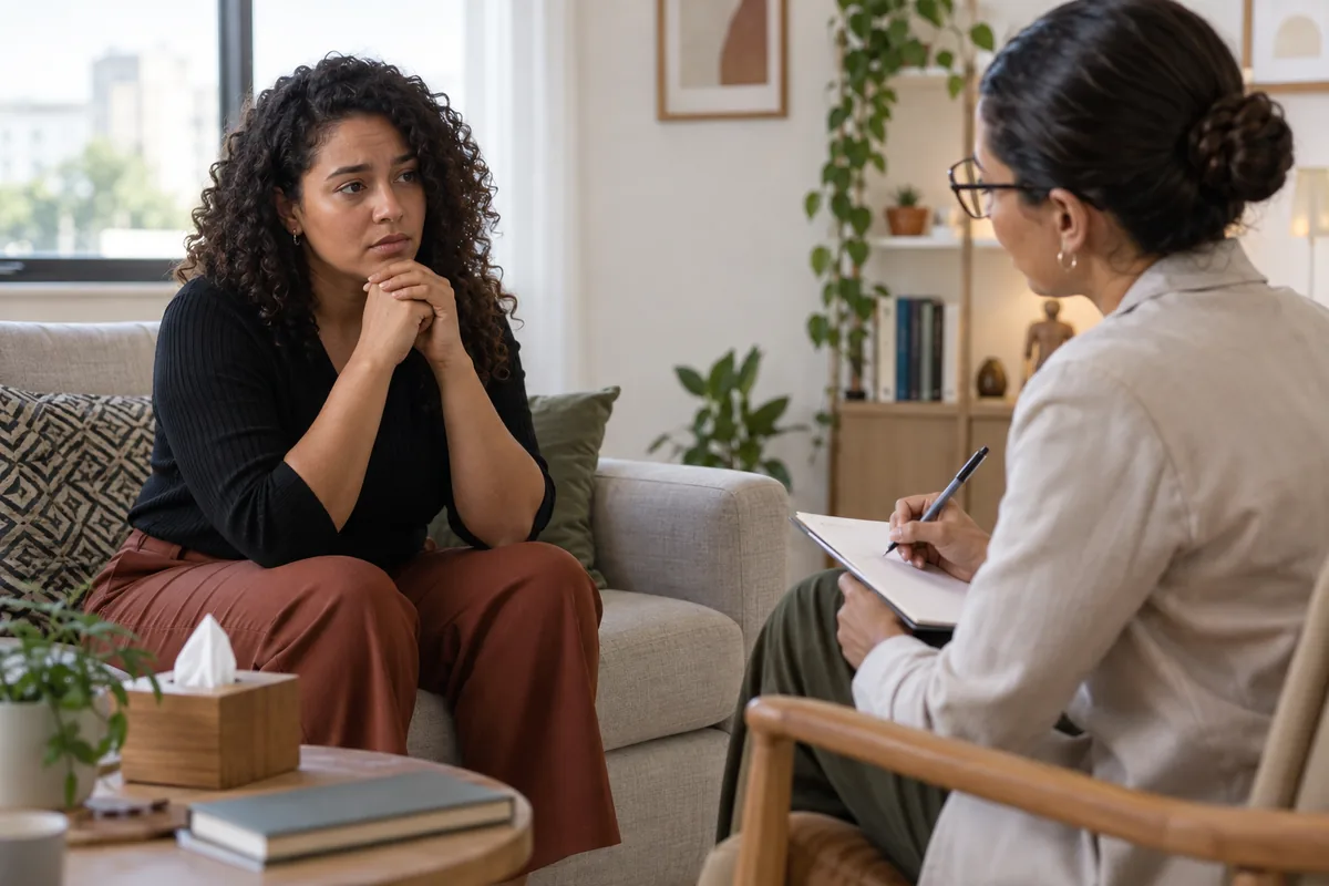 Mulher conversa com psicóloga sobre sintomas após assédio sexual no trabalho