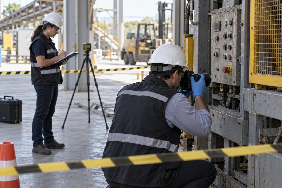 Peritos registram máquina e controles após acidente industrial