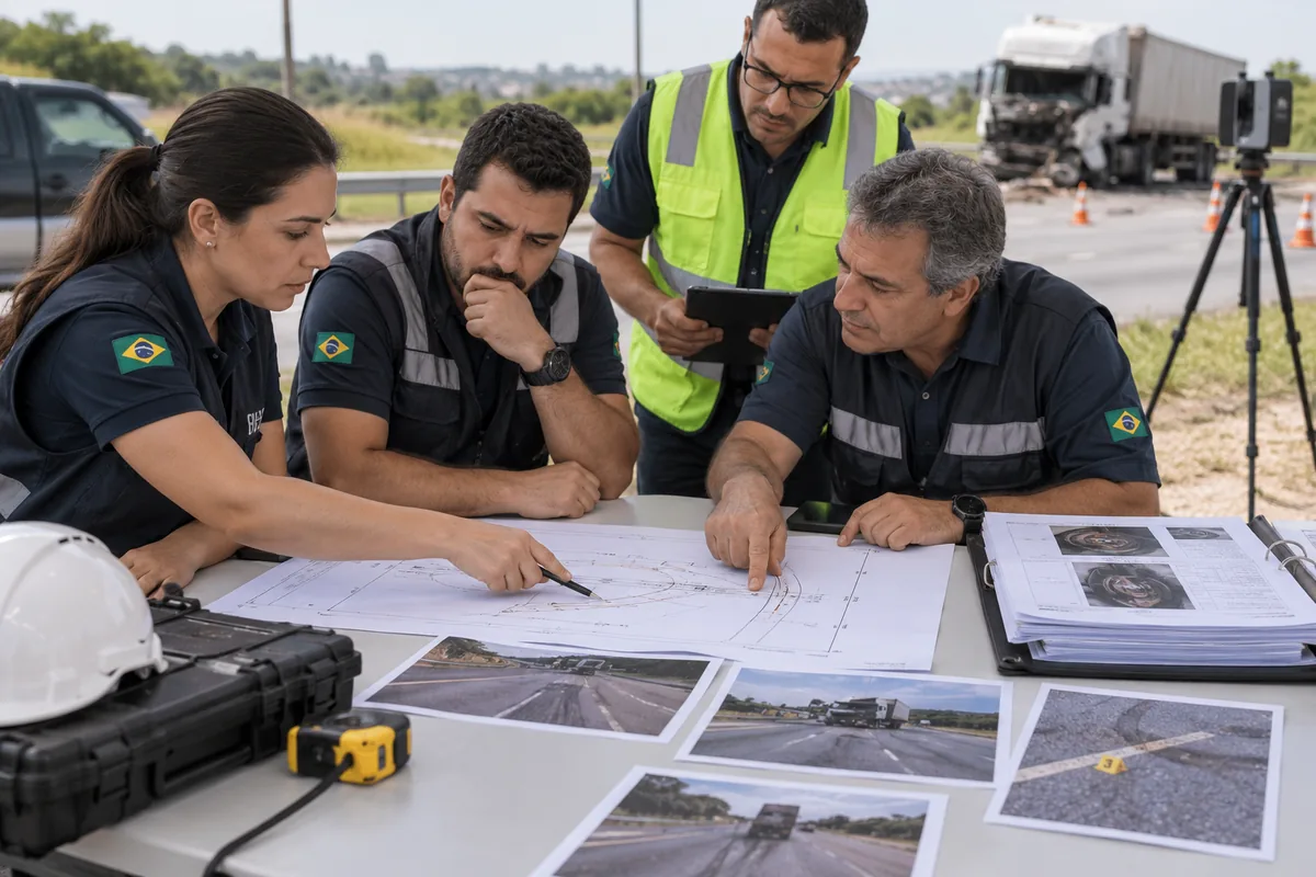 Equipe técnica analisa croqui e fotografias de acidente rodoviário