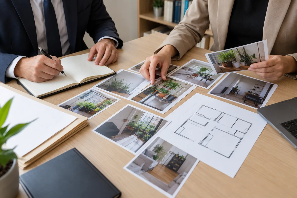 Advogados analisando fotografias e planta de imóvel