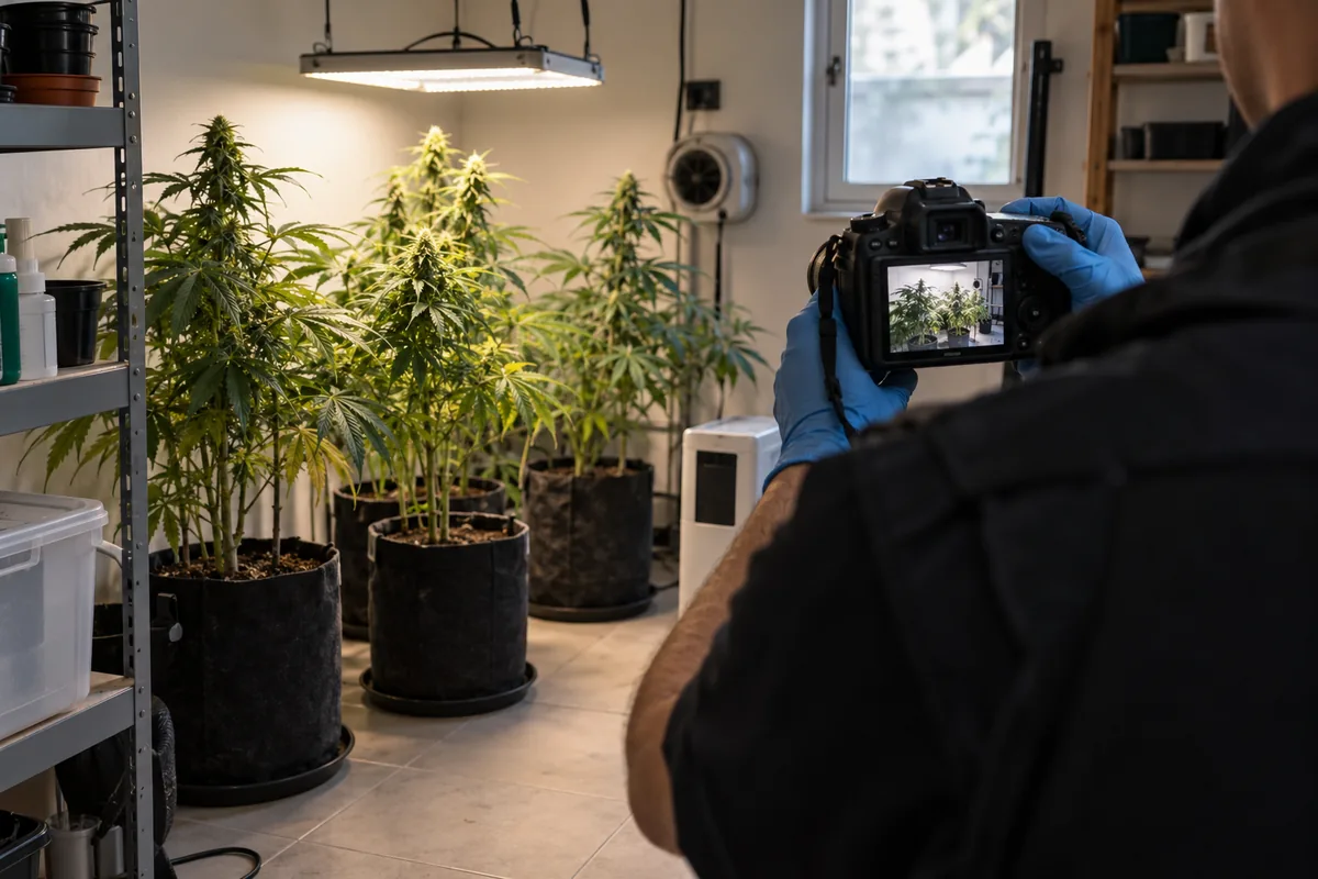 Técnico documentando cultivo doméstico durante inspeção