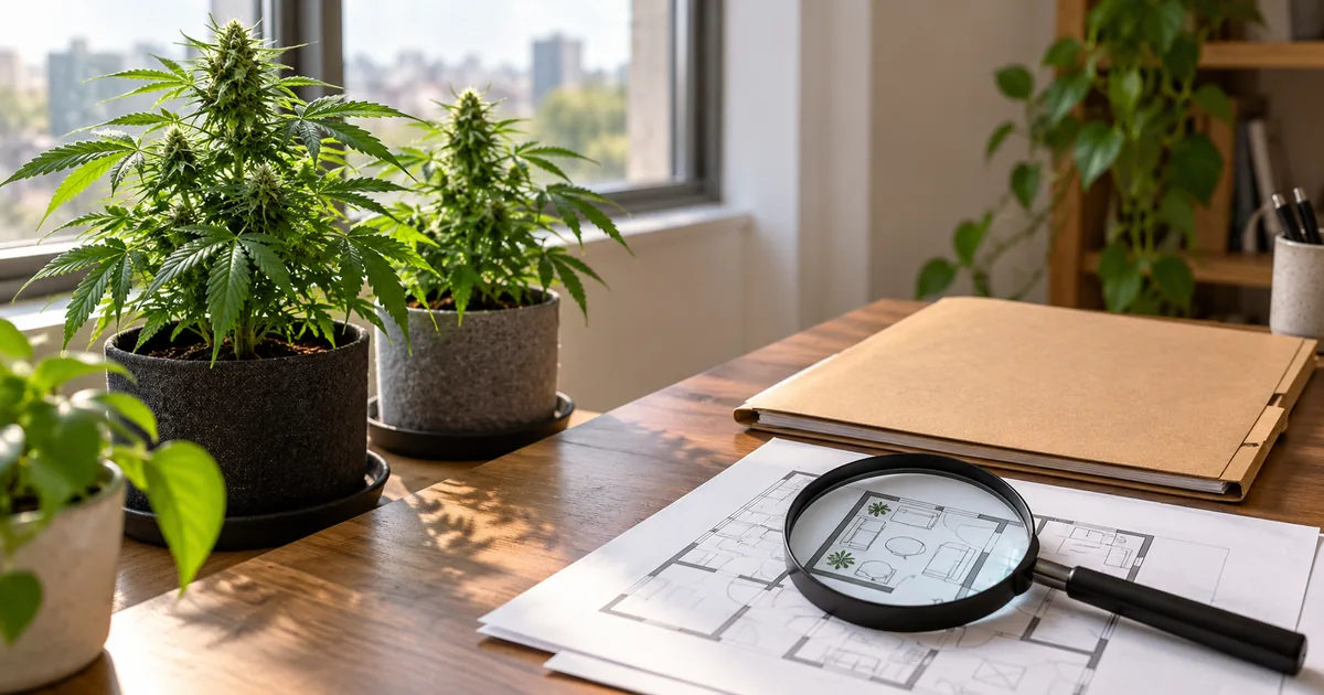 Plantas em ambiente doméstico ao lado de materiais de análise jurídica