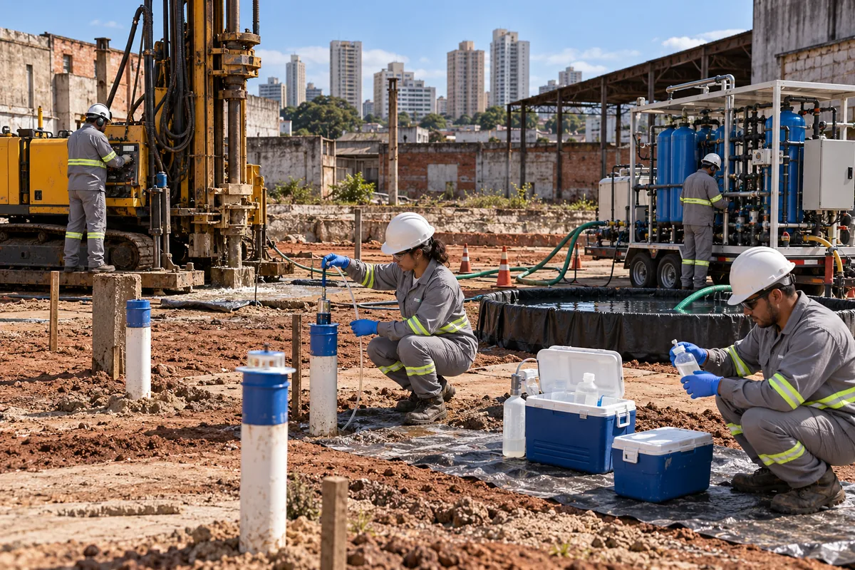 Sondagem, amostragem e sistema móvel de tratamento em área contaminada