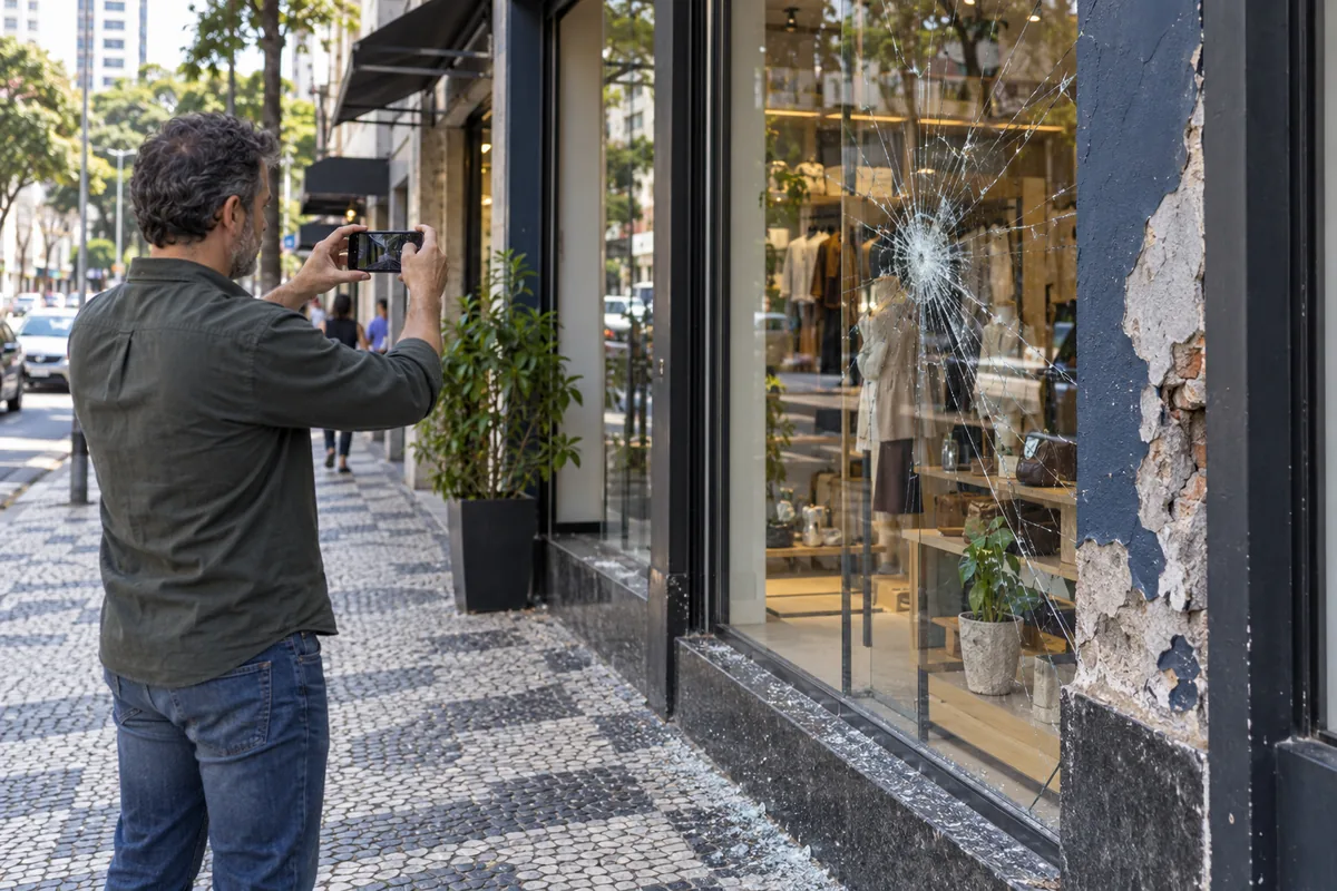 Proprietário fotografa vitrine danificada para preservar evidências