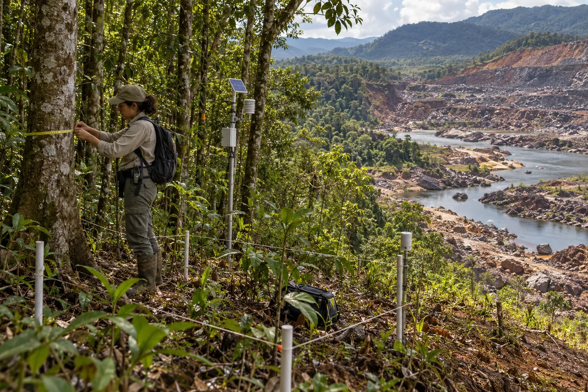 Especialista mede parcela florestal junto a paisagem degradada