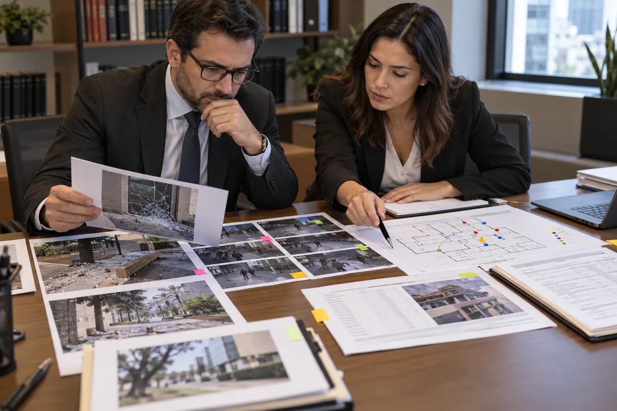 Advogados comparam imagens, planta e documentos para individualizar autoria de dano