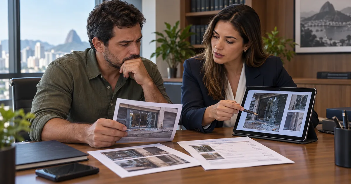 Cliente e advogada analisam provas de dano ao patrimônio