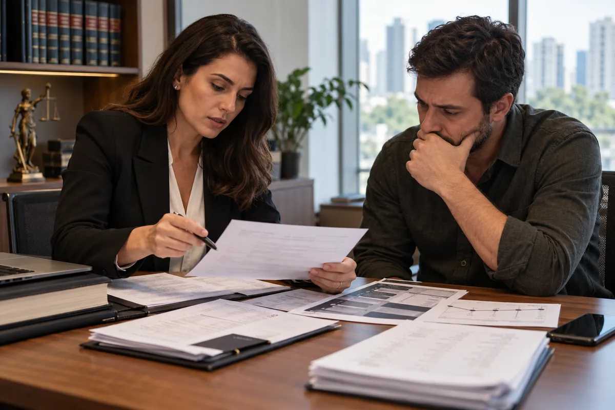 Advogada e cliente revisam documentos de acusação de estelionato