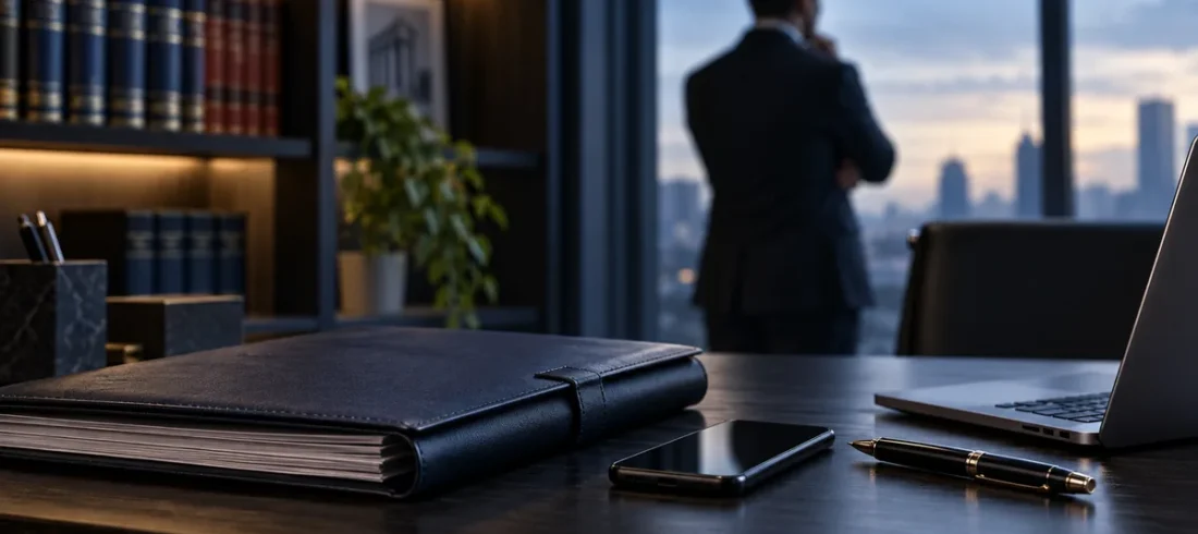 Pasta processual e smartphone em escritório de advocacia criminal