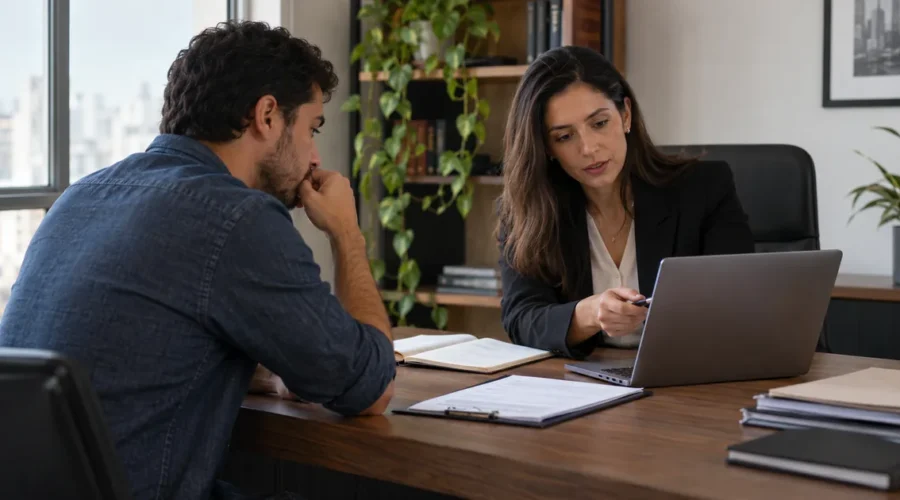 Cliente conversa com advogada sobre defesa em acusação de furto