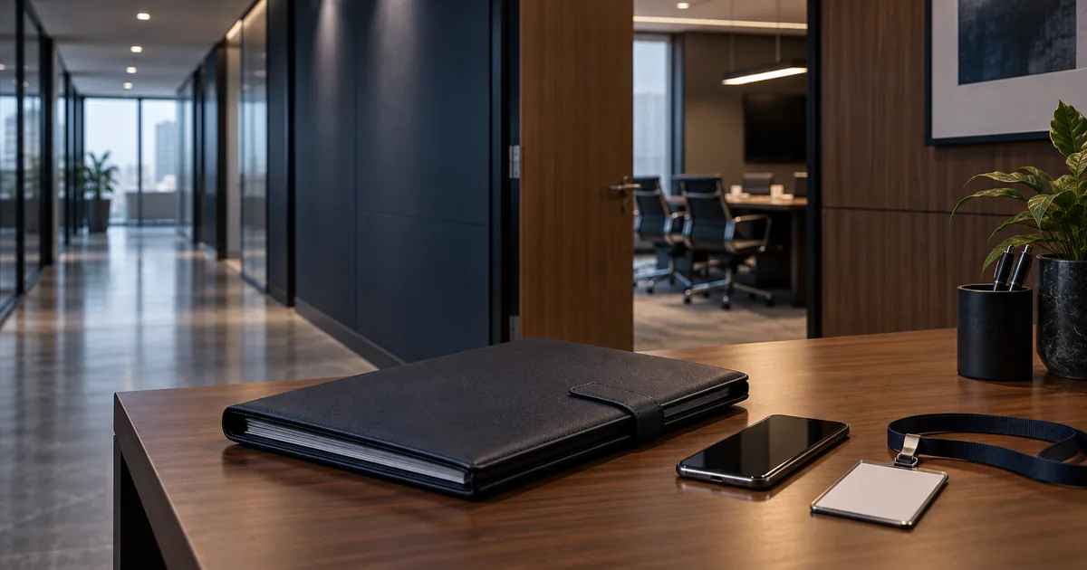 Pasta, smartphone e crachá sem dados em ambiente corporativo reservado