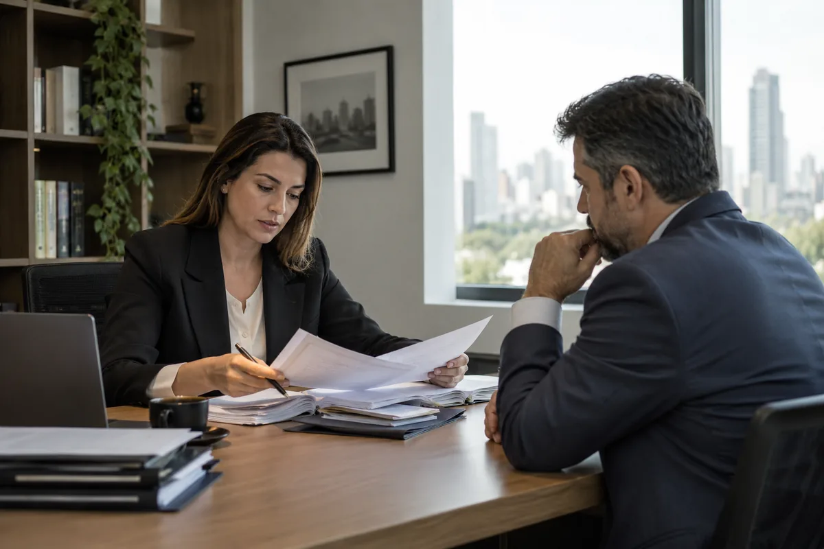 Advogada analisa documentos com cliente em reunião reservada