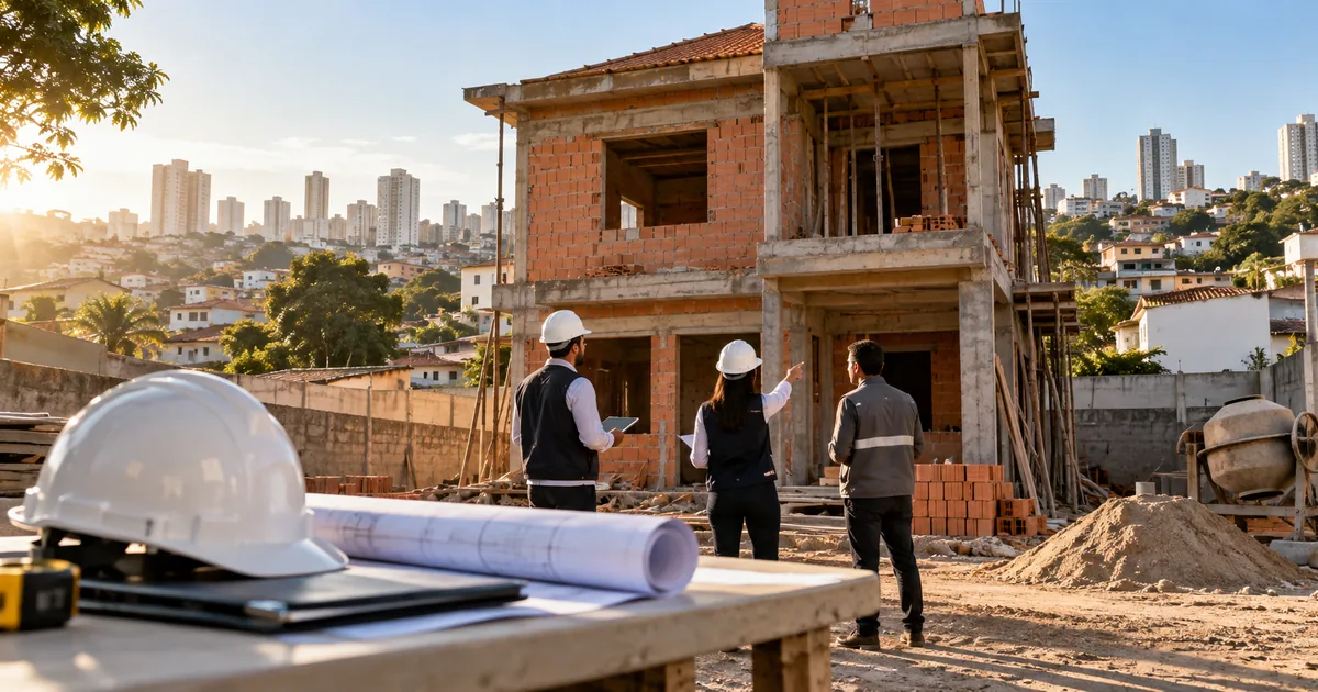 Equipe técnica inspeciona edifício de alvenaria em construção
